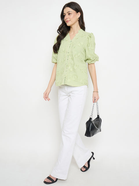 Madame Apple Green Cotton Mandarin Collar Top