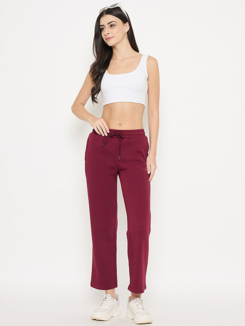 Madame Typography Print Wine Red Cotton Blend Track Bottoms