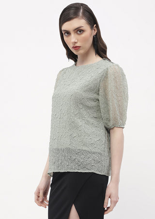 Madame Puff Sleeve Green Crinkled Fabric Top