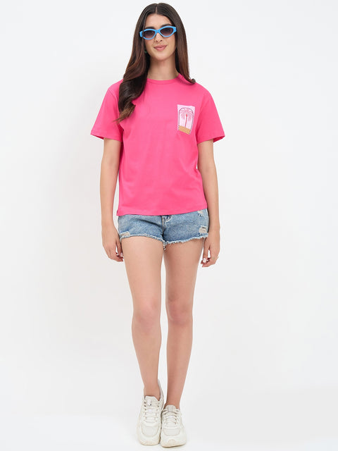 Madame Hot Pink Cotton Printed Half-Sleeve T-Shirt