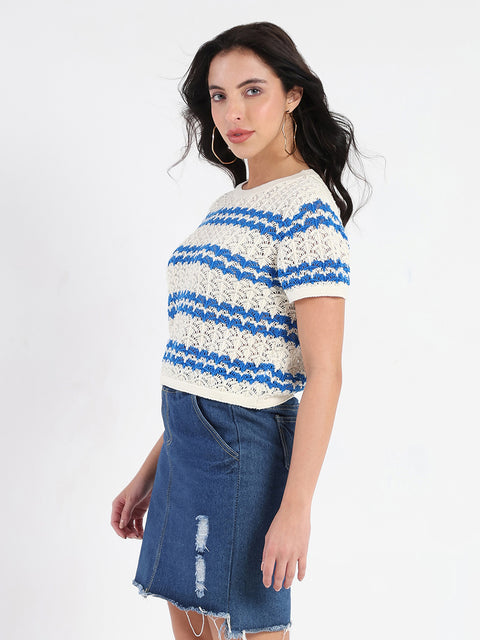 Madame Striped Crocheted Beige Cotton Crop Top