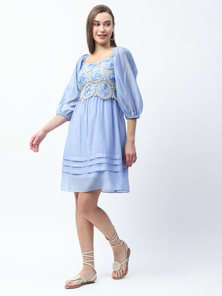 Madame Printed Powder Blue Tencel Blend Crochet Midi Dress