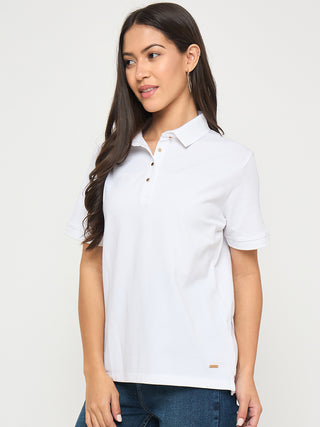 Madame Cotton Blend Solid White Polo T-shirt