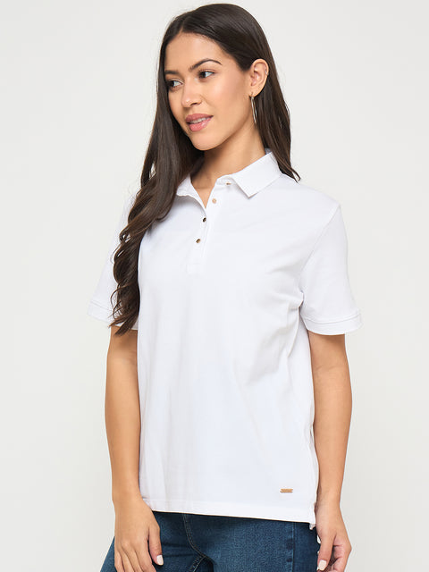 Madame Cotton Blend Solid White Polo T-shirt