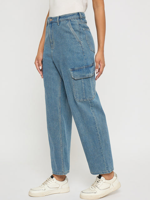 Madame Wide Leg Light Blue Cotton Denim Cargo