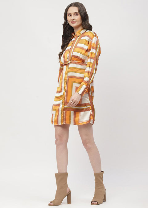Madame Geometric Print Button Down Orange Mini Shirt Dress