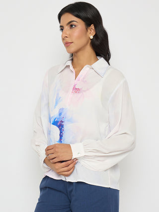 Madame Floral Print Contrast Stiched Collar Off White Shirt