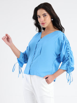 Madame Textured Ruched Sleeve Powder Blue Nylon Blend Top