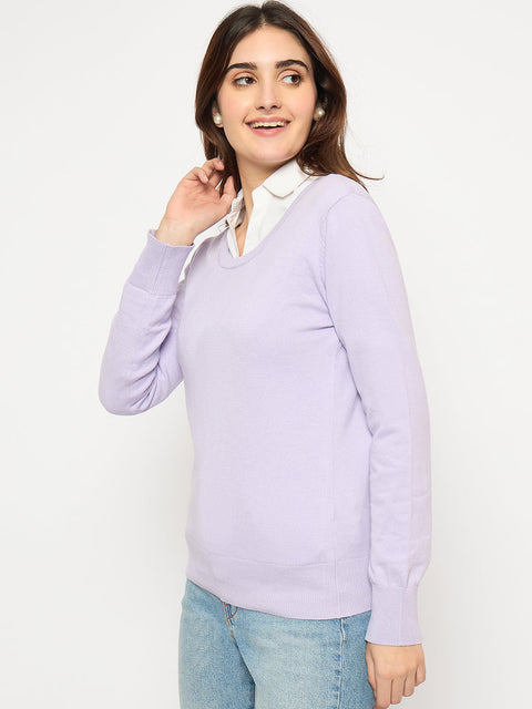 Madame Round Neck Ribbed Cuff Mauve Sweater