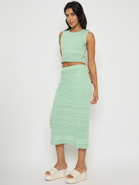 Madame Schiffli Top and Skirt Green Cotton Knit Co-ord Set