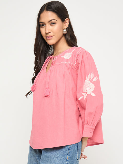 Madame Tie Neck Floral Embroidery Coral Top