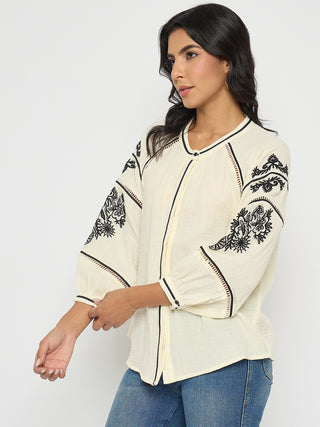 Madame Embroidered Pleat Detailing Off White Cotton Top