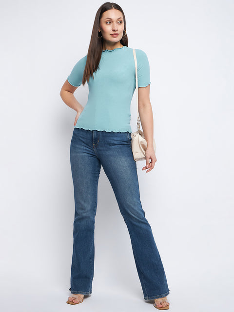 Madame Solid Aqua Blue Lettuce Hem Top