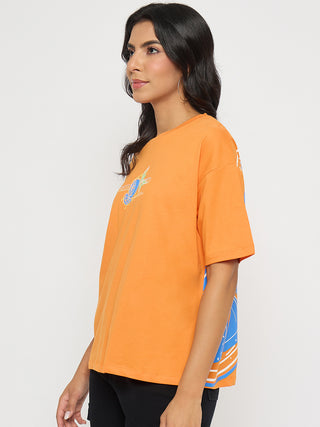 Madame Front and Back Graphic Print Orange Cotton T-Shirt