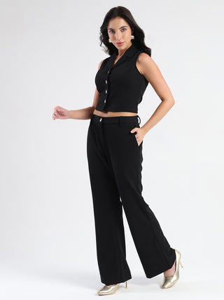 Madame Crop Top and Side Slit Trousers Knit Moss Black Co-ord Set