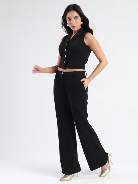 Madame Crop Top and Side Slit Trousers Knit Moss Black Co-ord Set