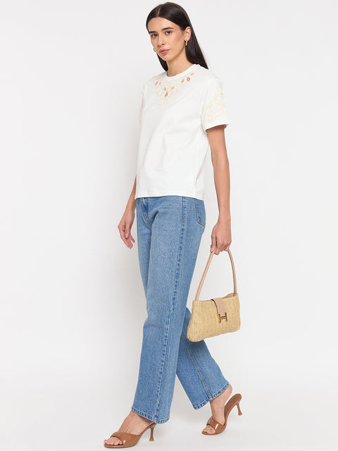 Madame White Cotton Embroidered Half-Sleeve Top