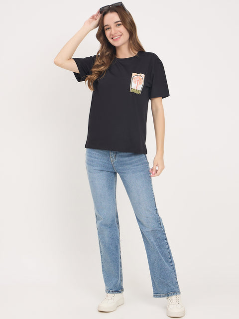 Madame Black Printed Cotton Round Neck T-Shirt