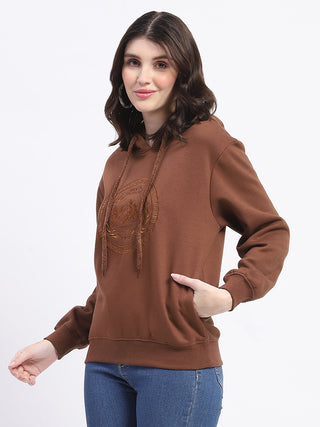 Madame Fleece Embroidered Closed Brown Hooded Sweatshirt