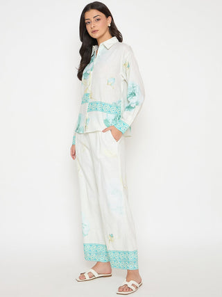 Madame Floral Print Top and Bottom Sea Green Cotton Co-ord Set