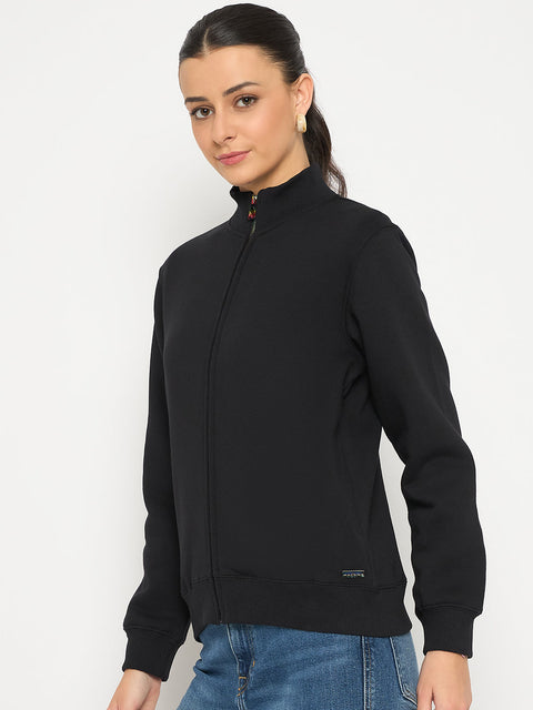 Madame Fleece T Neck Front Zip Black Sweatshirt