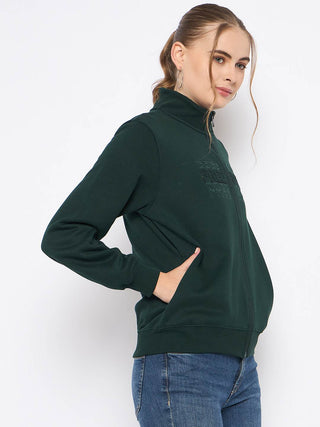 Madame Fleece Embroidery Detailed Turtleneck Bottle Green Sweatshirt