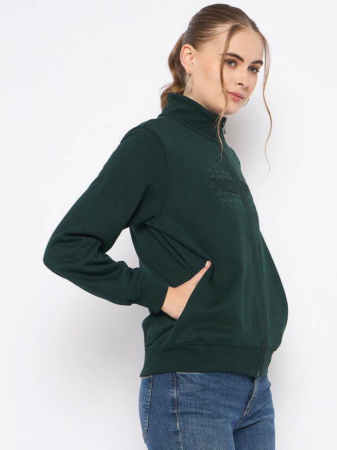 Madame Fleece Embroidery Detailed Turtleneck Bottle Green Sweatshirt