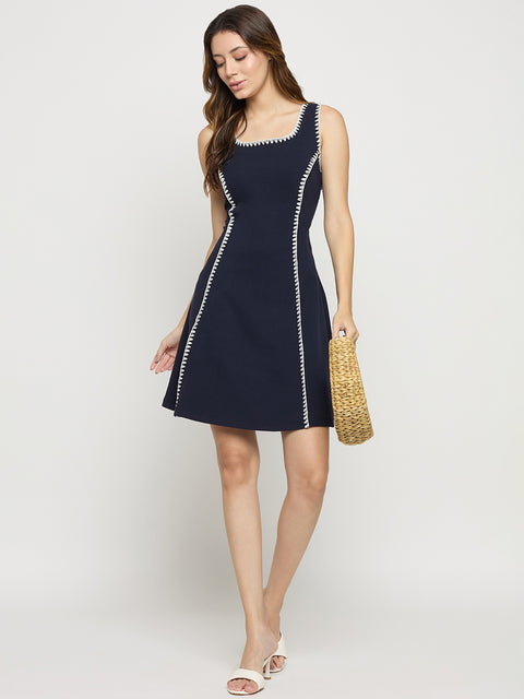 Madame Navy Rayon Blend Sleeveless Fit and Flare Mini Dress