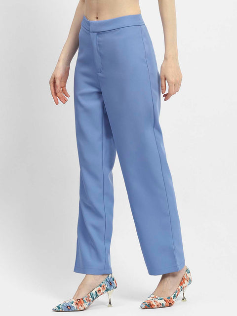 Madame Solid Blue Straight Fit Trousers