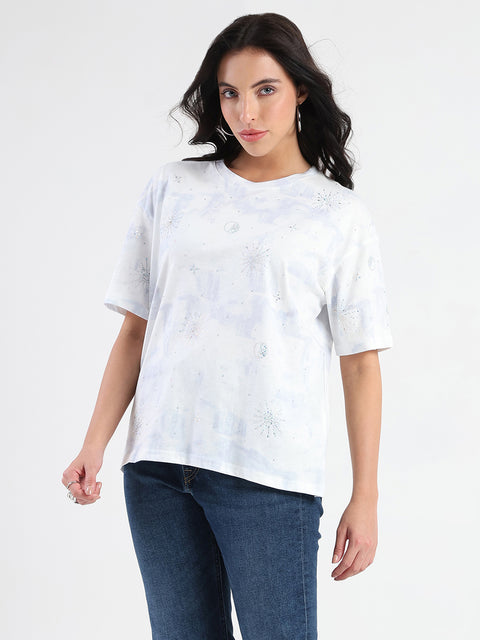 Madame Swarovksi Detailed Tie and Dye Sky Blue T-shirt