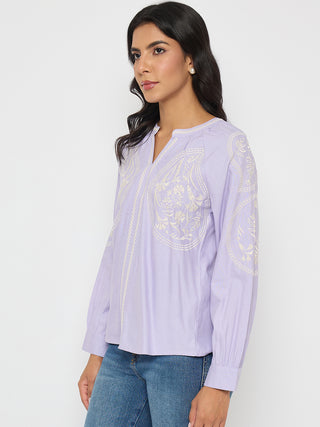 Madame Floral Embroidery Lilac Viscose Blend Top