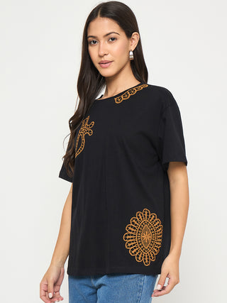Madame Embroidery Patchwork Detailed Black Cotton T-shirt
