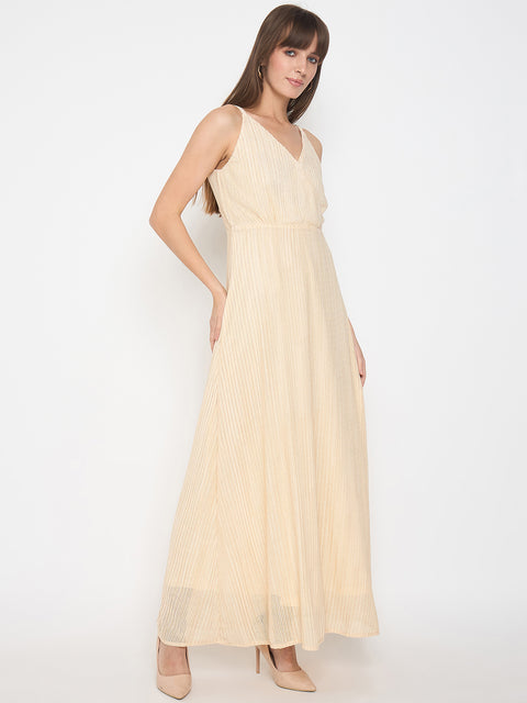 Madame Golden Buckled Strap Self Design Beige Maxi Dress