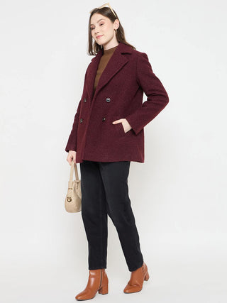 Madame Maroon Coat with Double Breasted Buttons and Notched Collar