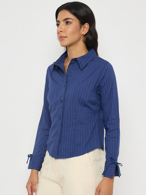 Madame Striped Solid Navy Cotton Shirt
