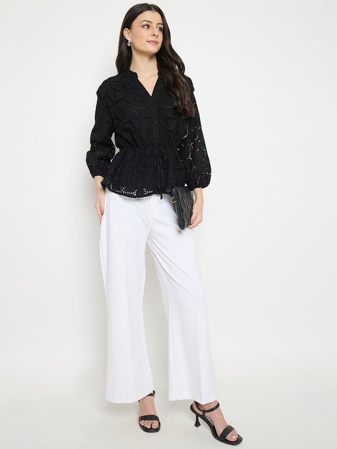 Madame Black Cotton Schiffli Peplum Top