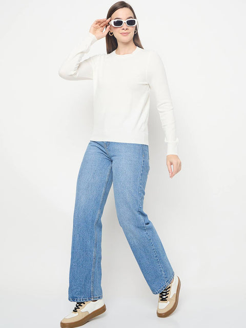 Madame Solid White Pullover Sweater