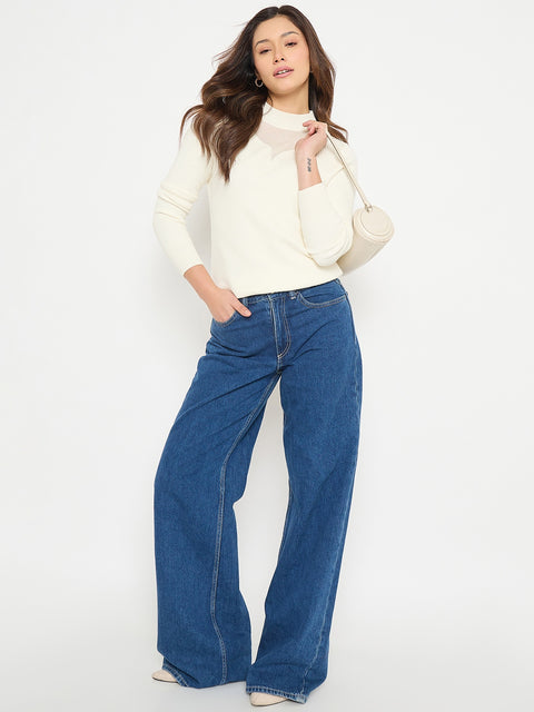 Madame Mock Neck Off White Solid Sweater