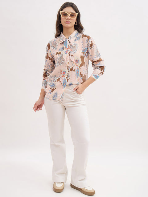 Madame Pink Paisley Print Shirt With Neck Tie