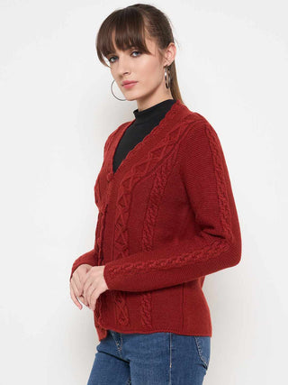 Madame Rust Red Cable Knit Acrylic Cardigan