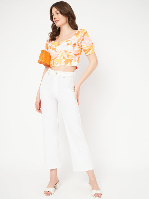 Madame Marble Print Square Neck Tangerine Orange Crop Top