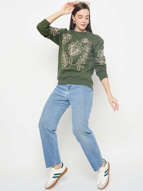 Madame Floral Embroidery Cotton Blend Green Sweatshirt