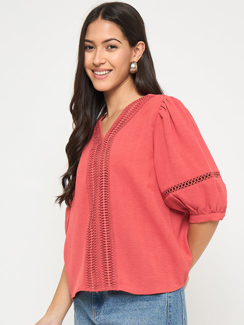 Madame Lace Detailed V-Neck Solid Red Knit Top