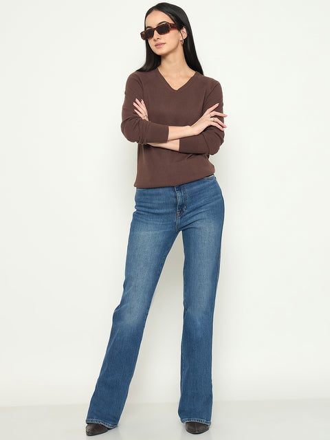 Madame V Neck Coffee Brown Solid Sweater