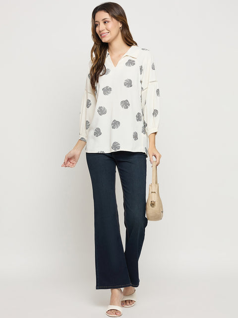 Madame Off White Printed Collar Puff Sleeve Top