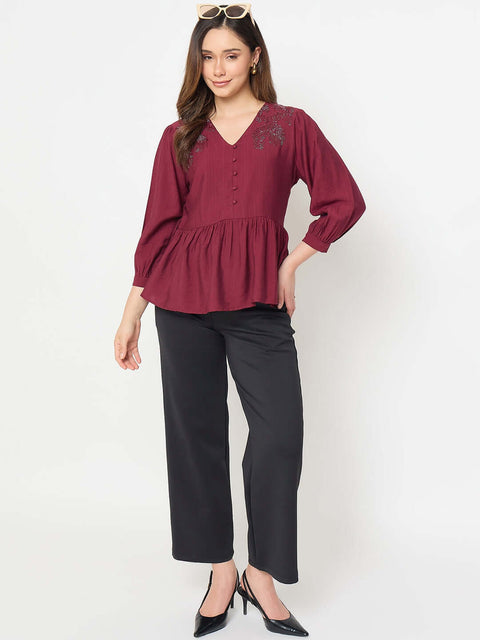 Madame Rayon Blend Wine Colour Peplum Top
