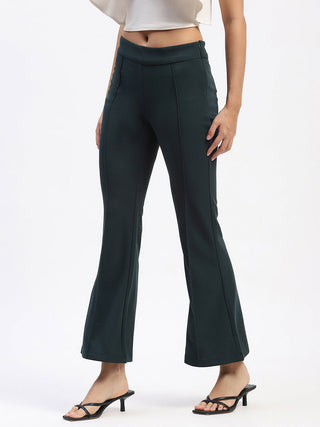 Madame Single Pleated Green Flared Trousers