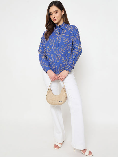 Blue Embroidered Summer Shirt for Women