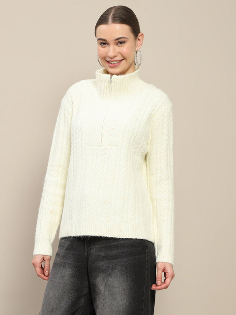 Madame Half Zipper Collared Off White Sweater
