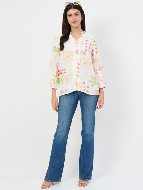 Madame Off-White Printed Mandarin-Collar Viscose Tunic